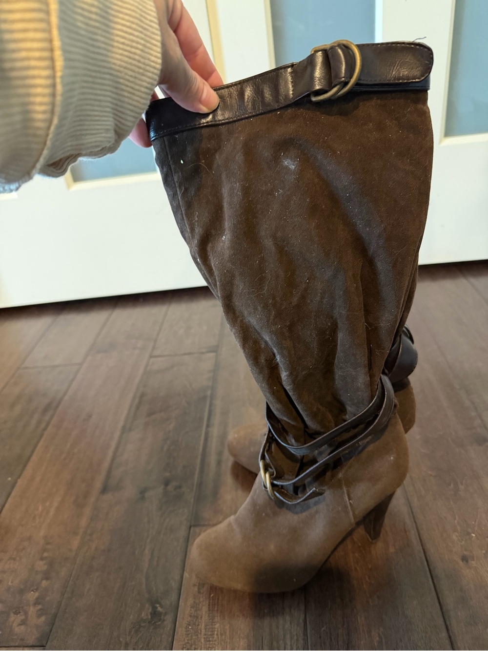 Women’s Brown Knee-High Heeled Boots with Strap Detail